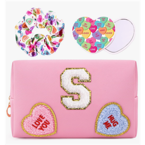 2 x Initial Makeup Bag with Mirror & Hair Scrunchies, Personalized Monogram Custom Cosmetic Bag Travel Toiletry Pouch, Birthday Gifts for Her Women Bridesmaid Teacher (S)