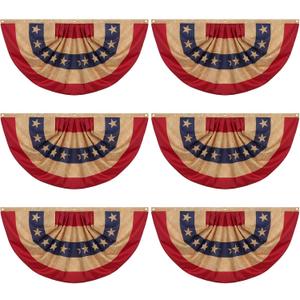 Fanfanwin 6 Pcs Tea Stained Patriotic Bunting Flags 2x4 ft 250th Anniversary Patriotic Decorations Hanging American Half Fan Flag Banner for Outside Independence Day Memorial Day with Brass Grommets
