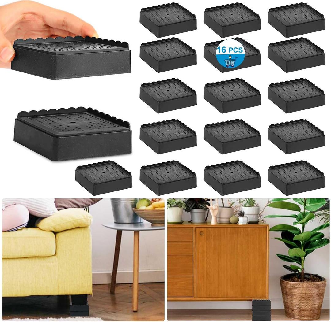 Bed Risers 1 inch, 2 inch, 3 inch, 4 inch Heavy Duty, Adjustable Furniture Riser for Table Desk Couch Sofa Chair Recliner Leg Frame Dorm, Stackable Bed Raisers Blocks (Black 8 Pack, 1+1 inch)