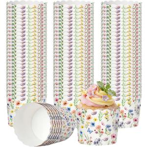 Potchen 100 Pcs Floral Cupcake Liners Spring Tea Party Muffin Liners Cups Paper Butterfly Flower Cupcake Wrappers Cases Cake Decorations for Spring Birthday Dessert Supplies