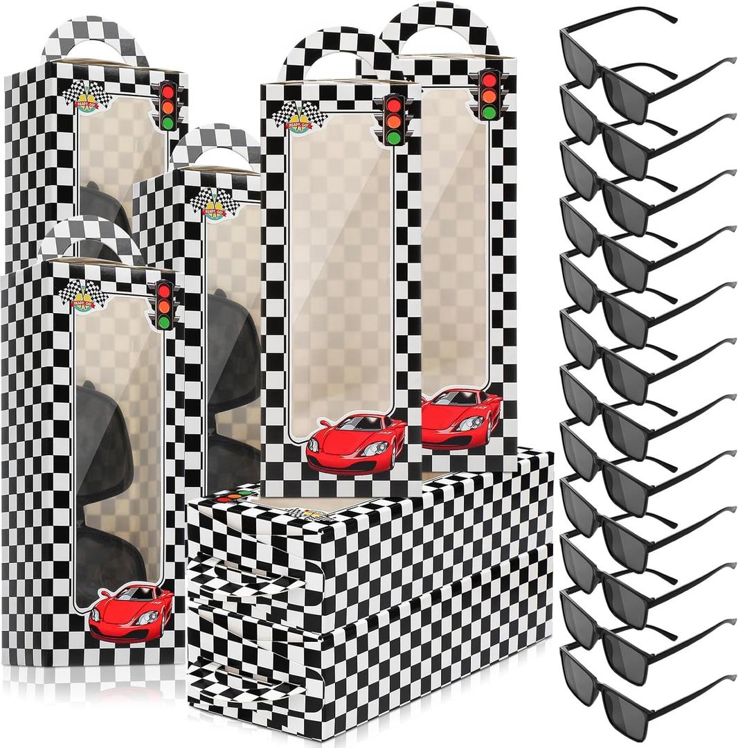 24 Pieces Racecar Checkered Party Favors Black Sunglasses Checkered Racing Party Favor Bags Race Car Theme Birthday Supplies