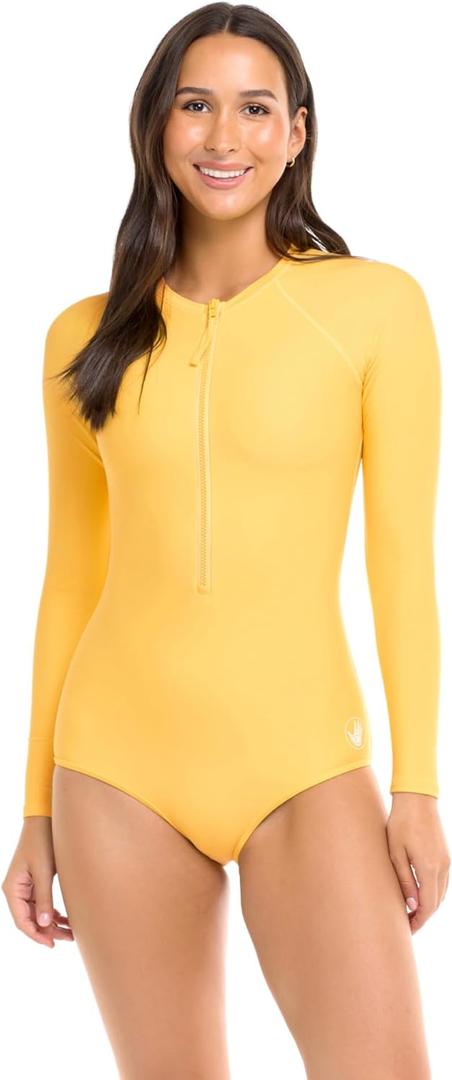 Body Glove Women's Standard Smoothies Chanel Solid Long Sleeve Zip Front One Piece Paddle Swimsuit, S