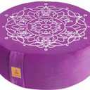 Embroidered Meditation Pillow D=16" H=5.5" Round Velvet Meditation Cushion Yoga Bolster Floor Pouf Zafu Natural Buckwheat hulls Sitting on Floor Removable Organic Cotton Cover Large Kneeling Pillow