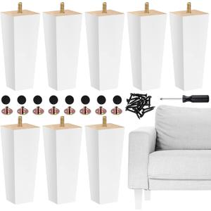 TURSTIN Set of 8 Wood Furniture Legs 6 Inch Square Solid Wood Sofa Legs with M8 T-Nuts Natural Wooden Couch Leg Replacement Leg for Furniture Armchair Bed Dresser Cabinet or DIY Projects, White
