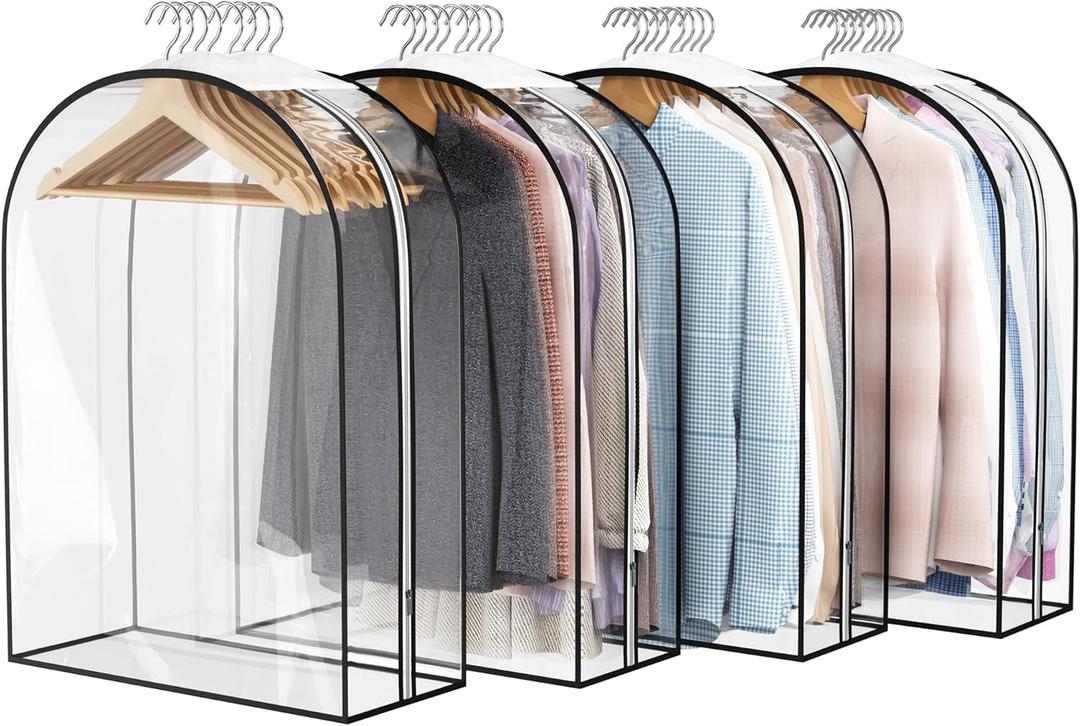 Liuoud Clear Garment Bag for Hanging Clothes 10” Gusseted, 32” Suit Bags for Open Closet Storage Plastic Clothes Cover for Coat, Dress, Shirts, Fur, Jacket, Wardrobe Protectors, 4 Pack
