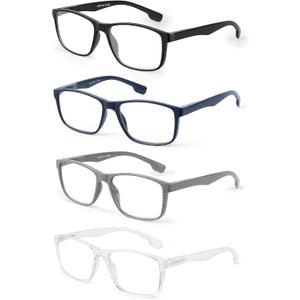 4 Pack Reading Glasses Men Blue Light Blocking with Spring Hinge, Anti Eyestrain/UV Large Wide Square Computer Readers