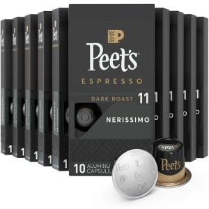 Peet's Coffee, Dark Roast Espresso Capsules, Compatible with Nespresso Original Machine - Nerissimo Intensity 11, 100 Count (10 Boxes of 10 Espresso Capsules), BB Date: 03/13/2026