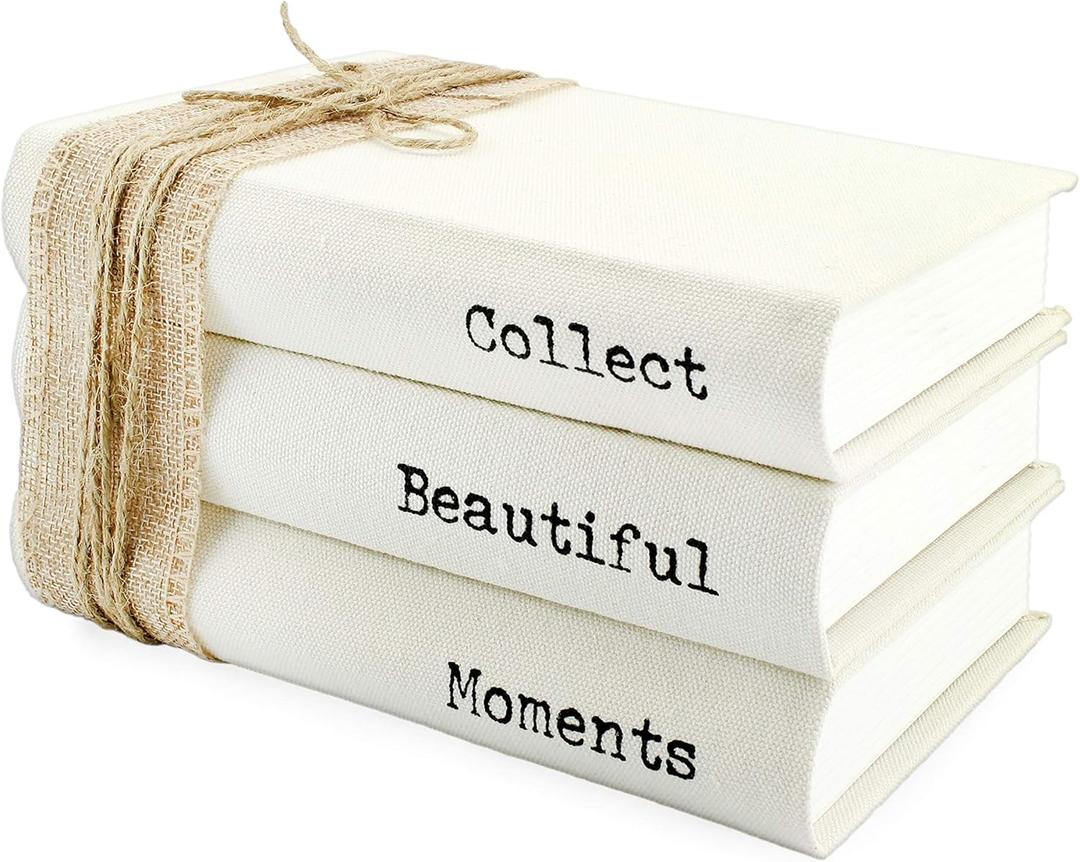 AuldHome Design Faux Book Stack: Collect Beautiful Moments Decorative Book Set w/Burlap Ribbon Wrap
