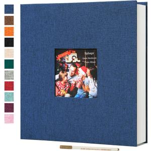 Spbapr Large Photo Album Self Adhesive 3x5 4x6 5x7 8x10 Pictures Magnetic Scrapbook 40 Blank Pages Linen Cover DIY Album with A Metal Pen (Blue)