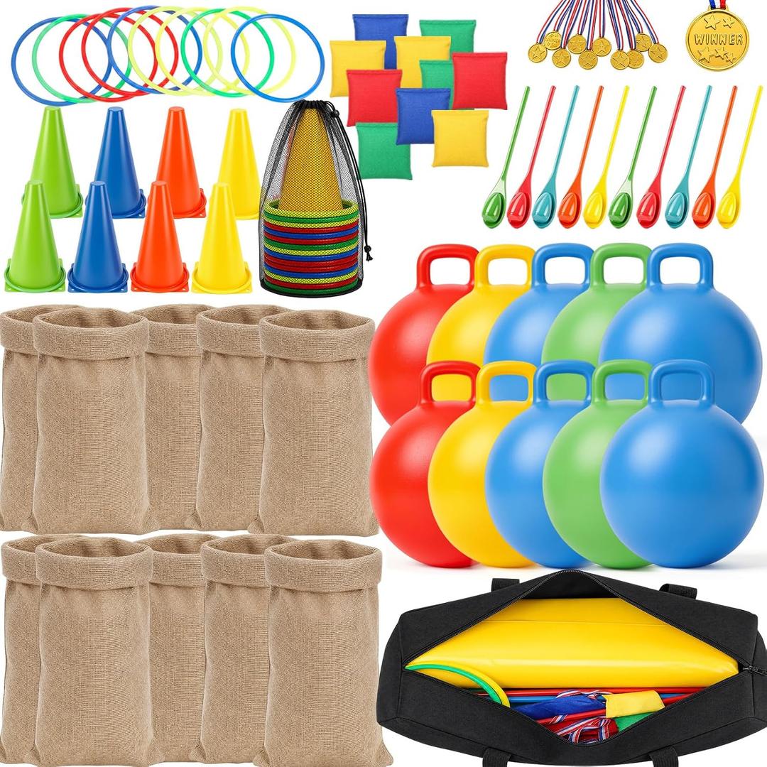 76 Pcs Outdoor Carnival Games Set, Multi Game Field Day Kit with Potato Sack Race Bags, Hopper Balls, Ring Toss, Bean Bags, Medals Cones for Backyard Party, Picnic, Reunion, Team Building