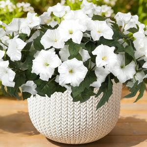 Artificial Flowers for Outdoors, Faux Petunias Spring Summer Decoration, Fake Flowers Plants UV Resistant Look Real Silk Flowers for Outside Planter Front Door Porch Patio Yard (6, White)