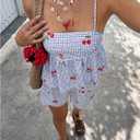 GORGLITTER Women's 2 Piece Cute Summer Outfits Gingham Cherry Tie Back Babydoll Tops Boxer Shorts Sets Blue Multicolor Large