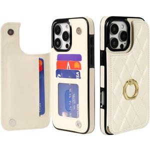 Wallet Case for iPhone 16 Pro with Card Holder, Ring Kickstand Card Slots Leather Case with Double Magnetic Clasp Shockproof Phone Cover 6.3 Inch 2024, Beige