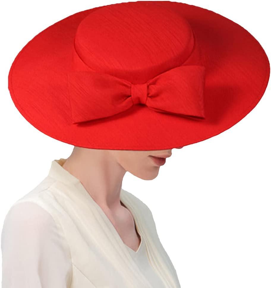 Wide Brim Hats for Women Big Bowknot Formal Occasion Kentucky Cap Lady Wedding Cocktail Party Flat Top Fedoras (Medium, Red)