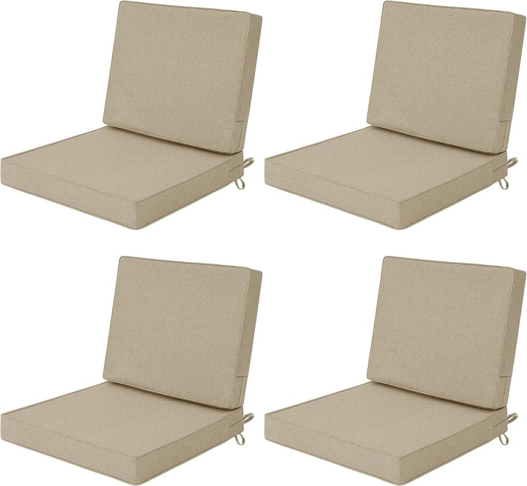 Outdoor Chair Cushions Set of 4, Water-Resistant & Fade-Resistant, Patio Furniture Deep Seat Cushions Replacement with Back, Non-Slip Bottom, Removable Cover, 24 x 24 Inch, Natural