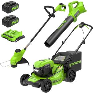 Greenworks 48V (24V x 2) 20" Brushless Cordless Lawn Mower + 12" String Trimmer + 320 CFM Leaf Blower Combo Kit with (2) 4.0Ah Batteries & Dual Port Fast Charger