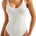 SUUKSESS Women Sexy Scoop Neck Thong Bodysuit Backless Cami Bodysuit Top (White, M)