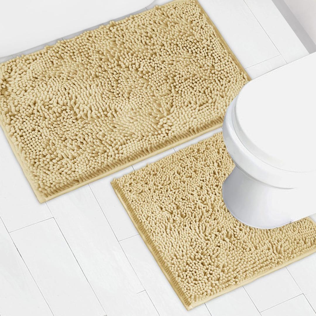 Bathroom Rugs Chenille Bath mat 2 Piece Set, Super Absorbent, Strong PVC Non Slip Backing, Bath mats for Bathroom, Plush Shaggy, Thick, Machine Washable, Bathtub, Shower, Toilet.(Beige)