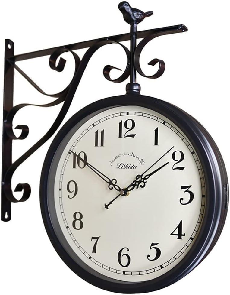 American Iron Vintage Train Station Clock Double Sided Wall Clock, Double Sided Metal Clock, European Antique Silent Double Sided Wall Clock for Patio, Garage, Fence, House, Living Room Art Decoration
