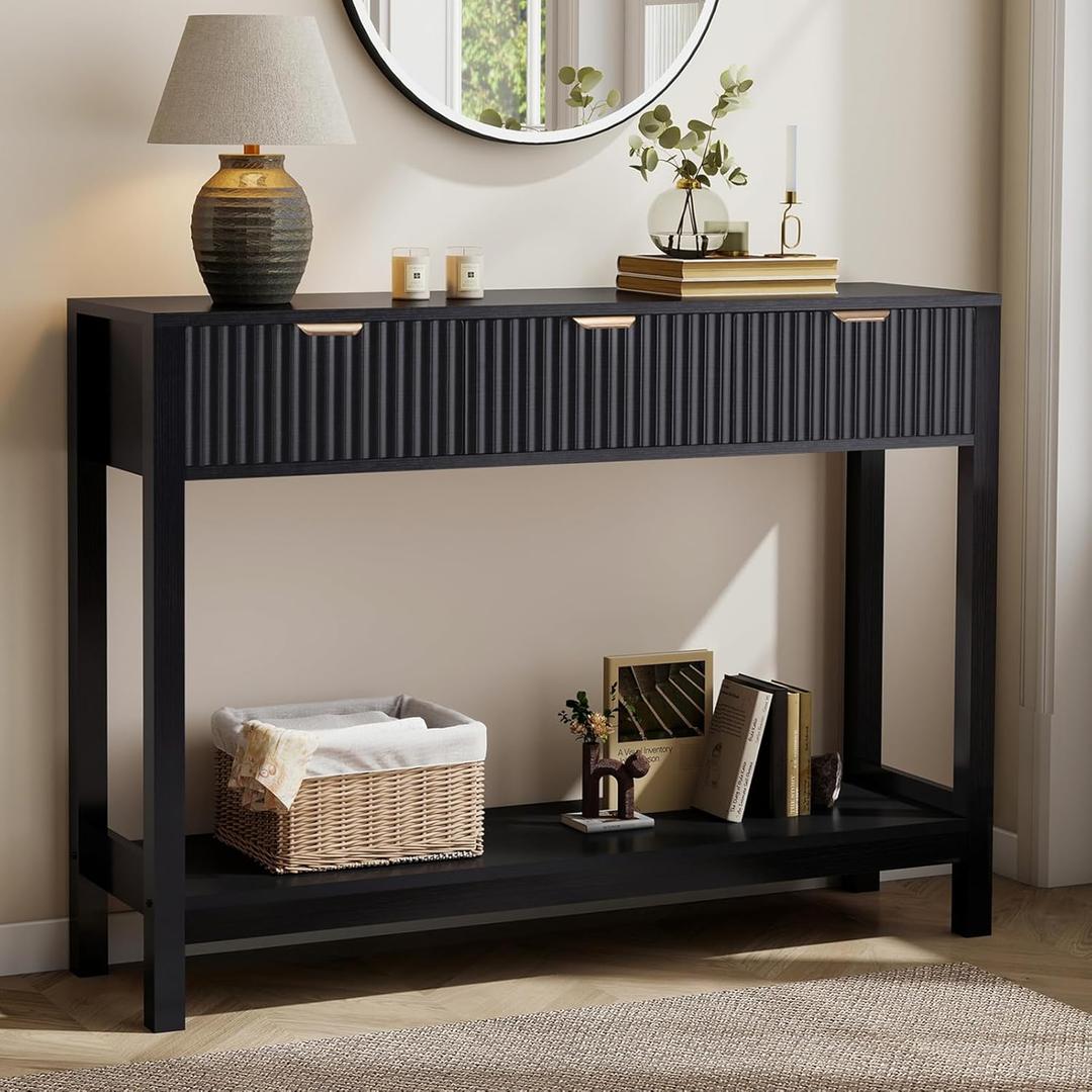Nasonet Fluted Console Table, Wooden Sofa Table with Storage and Drawers, Farmhouse Behind Couch Table Entryway Table for Entrance, Hallway, Living Room, Black, 43.3 Inches X 11.8 Inches X 31.5 Inches