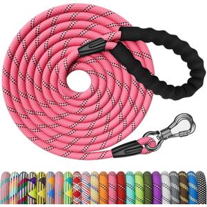 NTR 50FT Long Dog Leash, Rope Dog Leash with Swivel Lockable Hook and Comfortable Padded Handle, Dog Training Leash Lead for Walking, Hunting, Camping, Backyard for Small Medium and Large Dogs, Pink (50ft*3/8")
