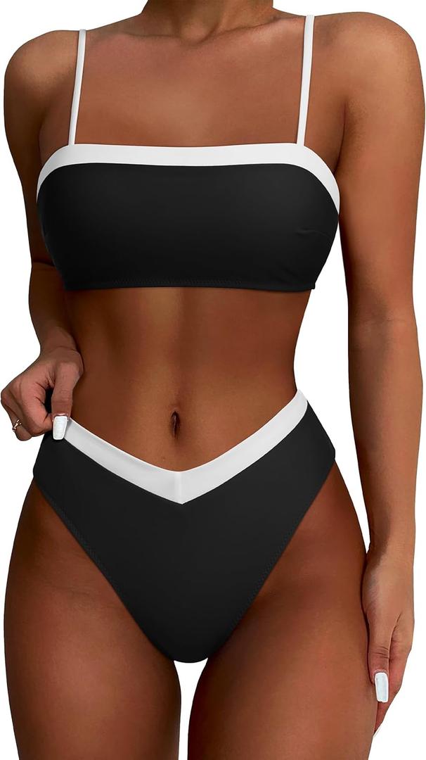 SUUKSESS Women Bandeau High Waited 2 Piece Bikini Set Cheeky High Cut Swimsuit (Small, 104 Black White)