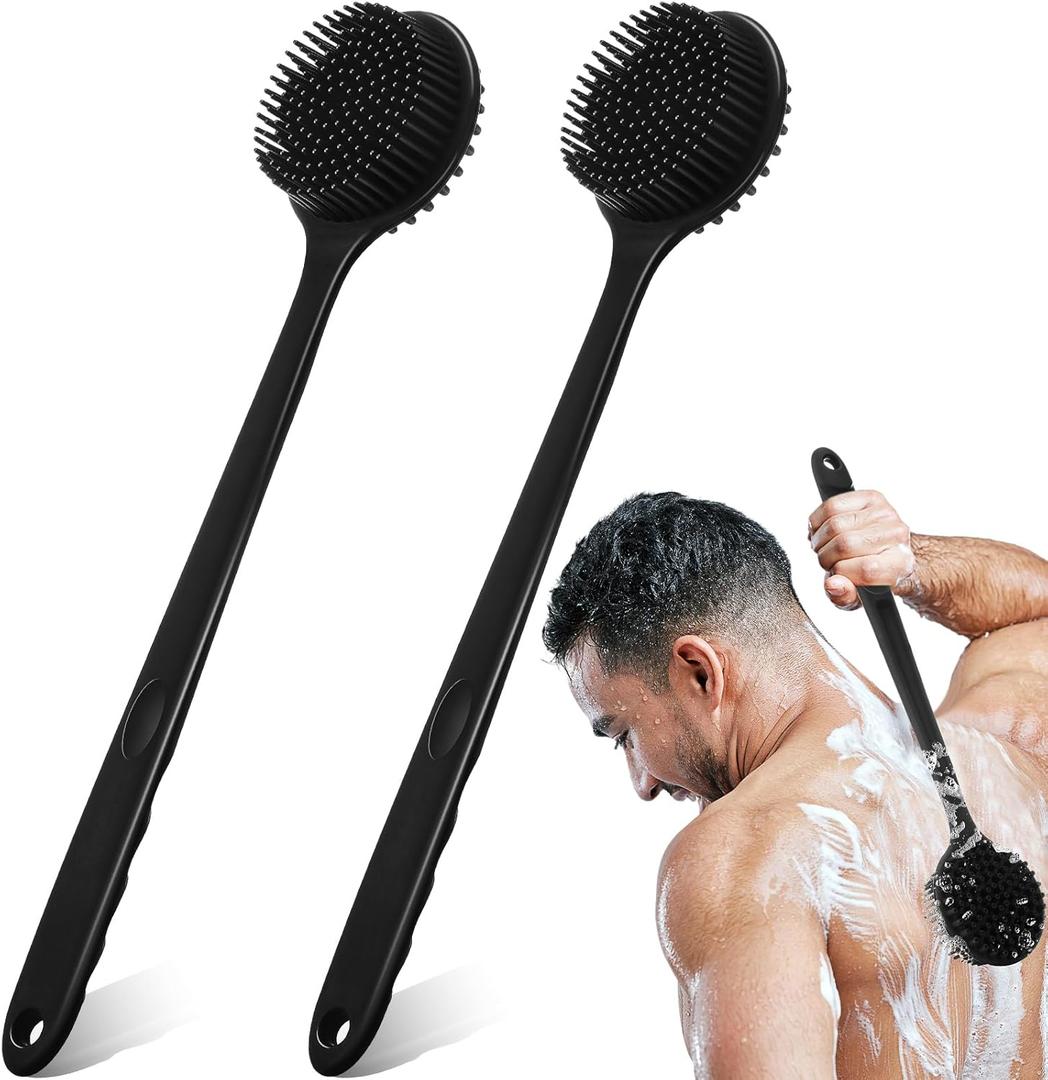 Sunnyray 2 Pack 15 Inch Soft Silicone Back Scrubber with Long Handle, Scrubber Anti Slip for Shower, Bath Body Brush, Improved Skin Health Can Produce Foam for Men and Women(Black)
