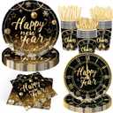 140pcs Happy New Year Party Supplies Black and Gold Tableware Set New Years Eve Paper Plates and Napkins New Year 2025 Party Decorations Dinnerware Holiday Party Celebration,Serve for 20 Guests