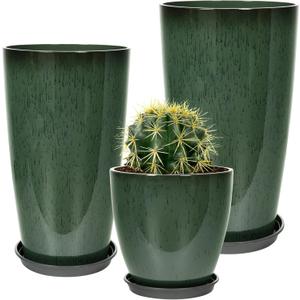 Neoaider 24/21/12 Inch Large Plastic Planter, Lightweight Ceramic-Look Tall Planters with Drain Hole & Saucers, Tall Plastic Planters for Porch, Garden, Patio, Balcony(Dark Green)
