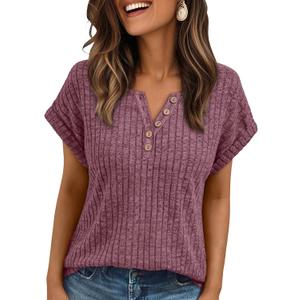 AUTOMET Women Tops Summer Sweaters Short Sleeve V Neck Henley Shirts Dressy Button Blouses (S)