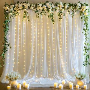 10x10ft White Tulle Backdrop Curtains with Lights String for Parties,Wrinkle Free Sheer Curtain with Lights Wedding Photo Backdop Drapes for Baby Shower Birthday Party Photography Home Decorations (2 Panels(5*10FT))