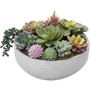 MyGift 8 Inch Round Modern Artificial Succulent Arrangement Potted in Gray Concrete Plant Bowl, Assorted Faux Mini Succulents in a Decorative Planter Pot