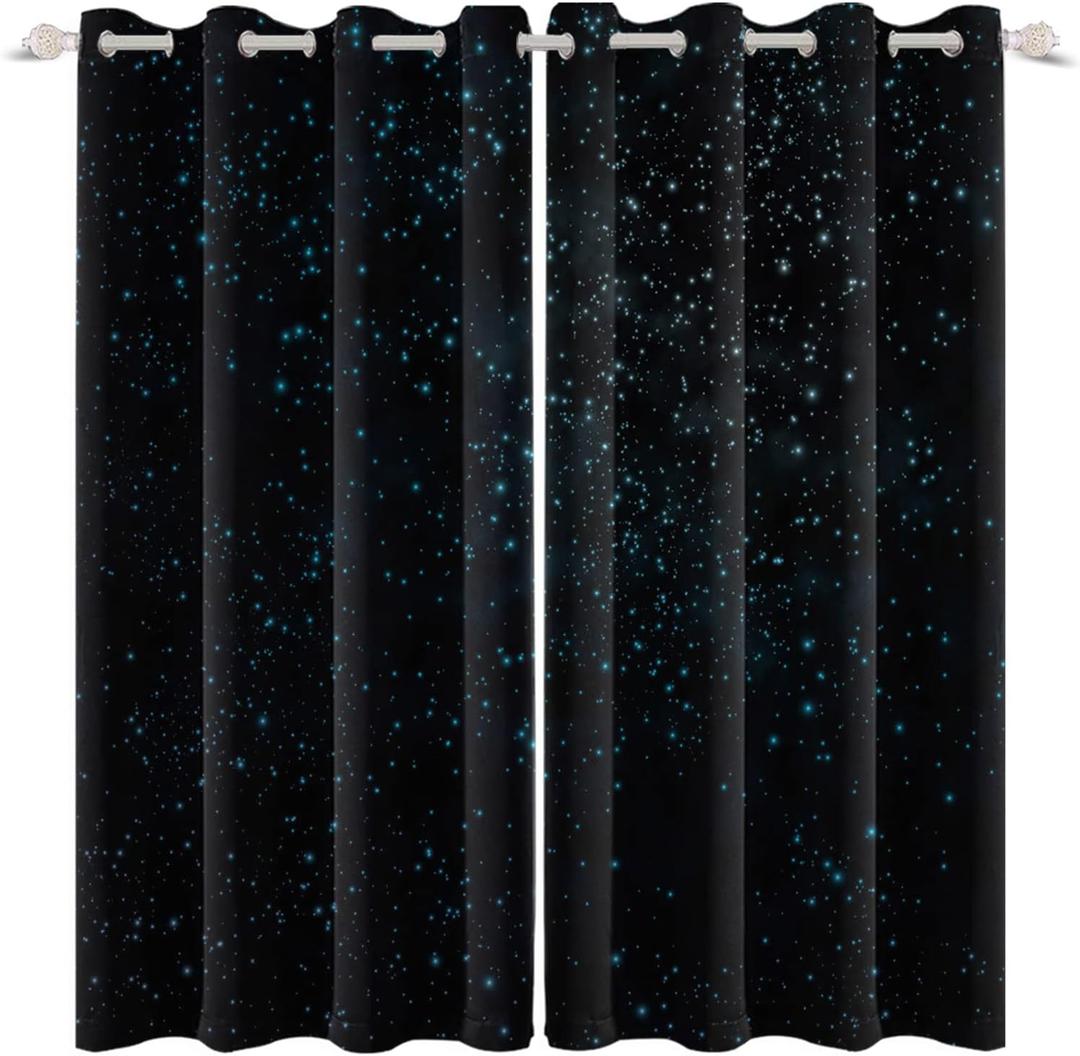 Renaiss Starry Starry Sky Window Curtains Blue Brilliant Stars Window Treatments Black Clear Night Sky Blackout Drapes for Man Woman Bedroom Living Room Decoration Home Decor 21x45 Inches x 2 Panels