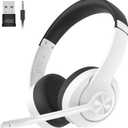AOC Wireless Headset with Mic for Work with Noise Cancelling Mic for Clear Calls, 30H Playtime PC Bluetooth Headphones and Multipoint Connect to Laptop Computer and Mobile, Wired or USB Dongle- White