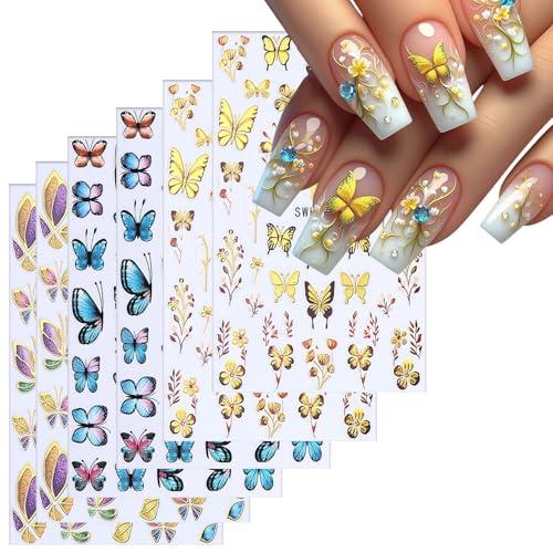 Butterfly Nail Art Stickers Gold Butterflies Nails Art Decals 3D Self-Adhesive Nails Sticker Holographic Spring Decal Decoration for Women Blue Butterfly Manicure Stickers DIY Nail Supplies