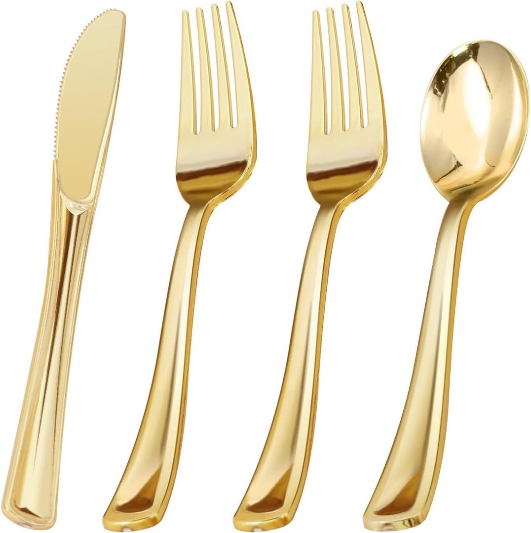 BESTVIP 60PCS Gold Plastic Silverware, Disposable Utensils, Heavy Duty Cutlery Set of 30 Forks, 15 Spoons, 15 Knives for Party, Christmas, Wedding, Catering and Daily Use