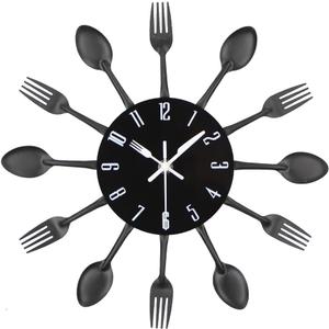 Timelike Kitchen Wall Clock, 3D Removable Modern Creative Cutlery Kitchen Spoon Fork Wall Clock Mirror Wall Decal Wall Sticker Room Home Decoration (Black)