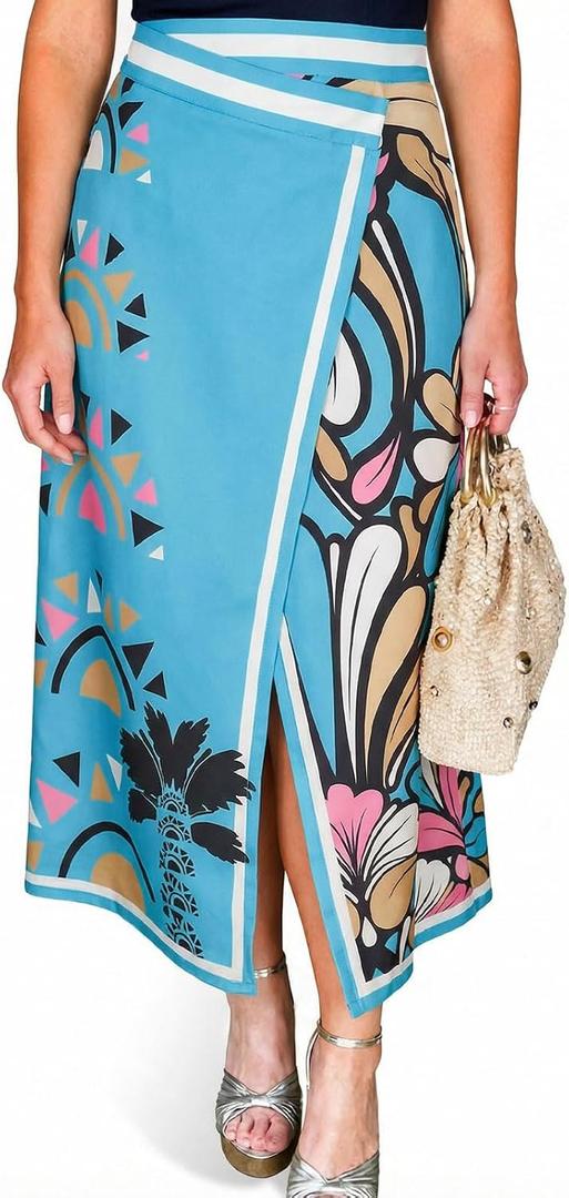 Tankaneo Women Floral Wrap Maxi Skirt Boho Elastic High Waisted Zipper Split A Line Flower Midi Skirts (Blue, S)