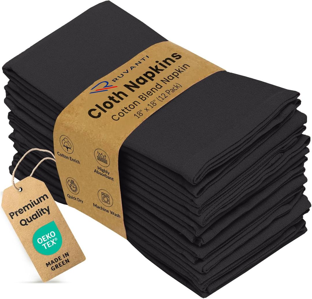 Ruvanti Cloth Napkins set of 12, 18x18 Inches Napkins Cloth Washable, Soft, Durable, Absorbent, Cotton Blend. Table Dinner Napkins Cloth for Hotel, Lunch, Restaurant, Weddings, Events, Parties - Black