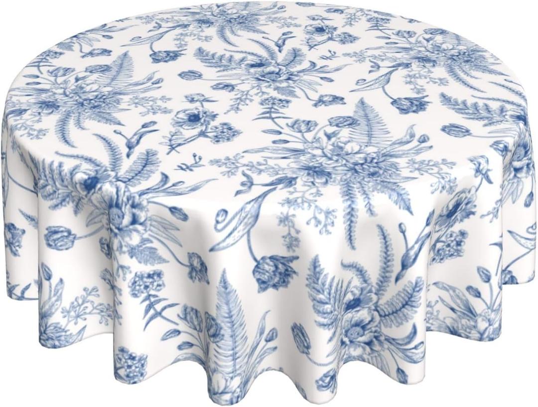 Blue Floral Round Tablecloth 60 Inch Round Blue and White Chinoiserie Flower Toile Table Cloth Spring Polyester Stain Resistance Decoration Table Cover for Party Picnic Kitchen Decor Outdoor