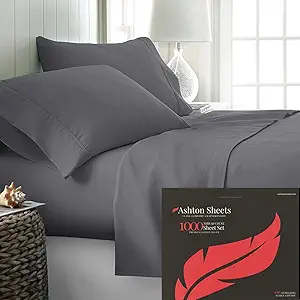 Ashton Sheets 100% Egyptian Cotton Sheets California King Size - 1000 Thread Count 4 PC Cal King Sheets Egyptian Cotton, Cooling Sateen Sheets, High Thread Count Sheets California King - Dark Grey