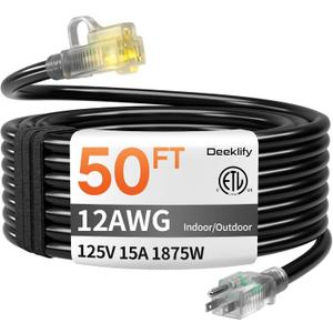 12 Gauge 50 FT Heavy Duty Outdoor Extension Cord Waterproof with Lighted End,Black 12 Gauge Extension Cord Flexible and Cold Resistant 3 Prong Grounded Plug,15Amp 1875W SJTW ETL Listed