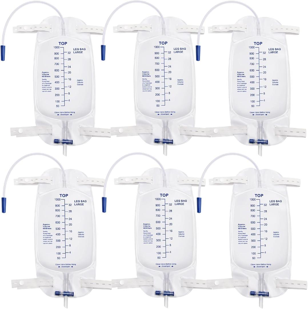 Foley Catheter Leg Bags for Men with 6 Pack, Catheter Bags 1000ml for Men, Urine Bags for Splash-Resistant Drain Design
