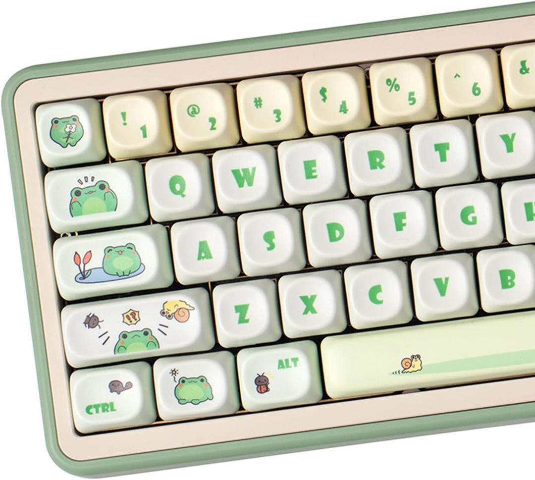 PBT Keycaps, Moa Profile Keycap, Cute Round Kawaii Keyboard Keycap, 141 Keys Matcha Green Frog Keycaps, Dye-Sublimation Keycap Set for Mechanical Keyboard 60% 75% 100%