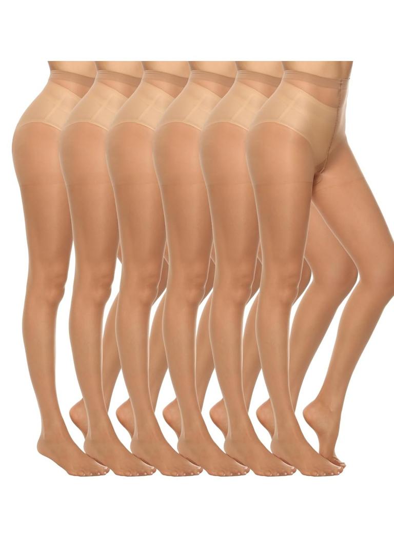 MANZI 6 Pairs Women's 20D Sheer Silky Pantyhose Run Resistant Nylon Tights High Waist Stockings with Control Top, M, Natural Nude