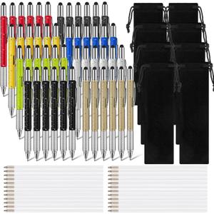 24 Pcs Multitool Pen 6 in 1 Screwdriver Pen Gadget Stocking Stuffers Christmas Gifts for Dad Multitool Pen with Touch Screen Stylus Top Ruler Level Gauge Screwdriver Black Refills Bags for Men Father