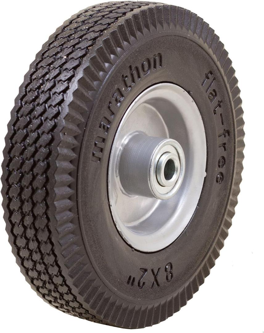 Marathon 33102 8x2" Flat Free, Hand Truck / All Purpose Utility Tire on Wheel, 2.375" Centered Hub, 1/2" Bearings