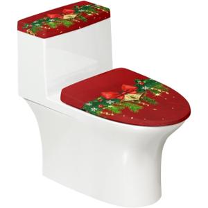 Christmas Toilet Seat Cover Set Elongated Toilet Lid Cover with Xmas Jingle Bell Bathroom Perfect Decoration for Home Portable for Trip Toilet Dust Seat Protective Covers
