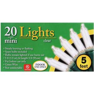 20-Count Clear Christmas Mini Lights, 5 ft Green Wire Strand