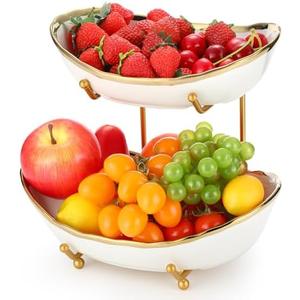 Honeydak 2 Tier Ceramic Fruit Bowl for Kitchen Counter Tiered Fruit Stands for Kitchen Counter Ceramic Serving Display Bowls with Metal Stand for Dessert Snack Vegetable Storage, Party, Cute & Small